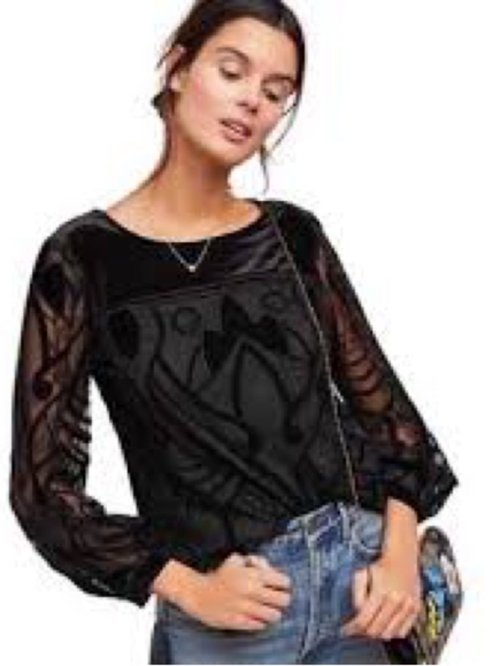 Eva Franco Art Deco Embroidered Mesh Top Womens S Black Burnout Velvet